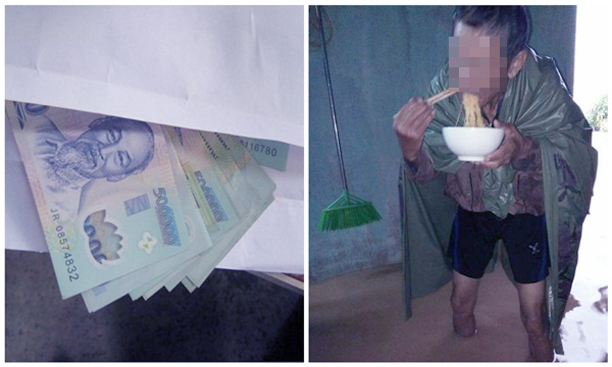 Lao nhanh vào nhà, cảnh tượng trước mắt khiến Thu bật khóc: Bố Thu đôi chân trần ngập trong nước, trên người khoác chiếc áo tơi, tay cầm bát mì tôm và đang còm lưng ăn vội nó. 