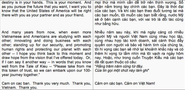 Trưa 24/5, Tổng thống Mỹ Obama có bài phát biểu 30 phút trước 2.000 trí thức và doanh nhân Việt Nam. VnExpress giới thiệu bài phát biểu bằng tiếng Anh có bản dịch tiếng Việt để độc giả theo dõi.